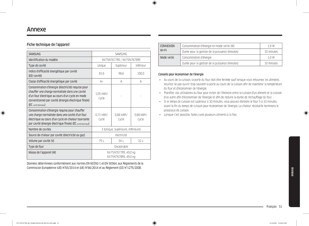 Samsung NV75N7677RS/EF manual Annexe, Fiche technique de lappareil 