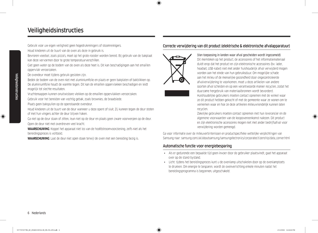 Samsung NV75N7677RS/EF manual Automatische functie voor energiebesparing 