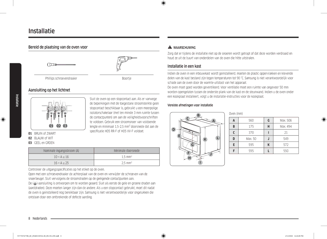 Samsung NV75N7677RS/EF Bereid de plaatsing van de oven voor, Aansluiting op het lichtnet, Installatie in een kast, Max 