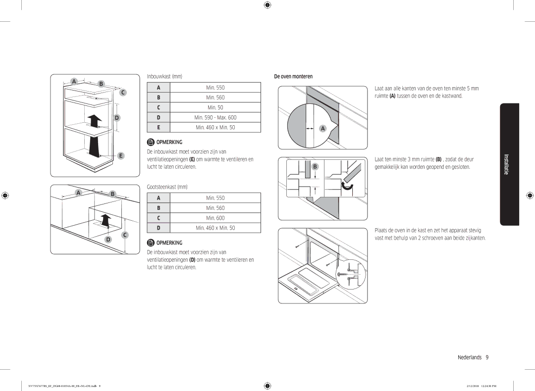 Samsung NV75N7677RS/EF manual Inbouwkast mm Min, Laat ten minste 3 mm ruimte B , zodat de deur 