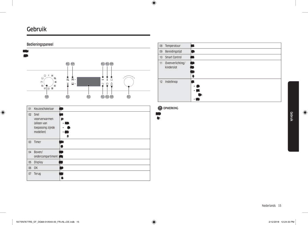 Samsung NV75N7677RS/EF manual Gebruik, Bedieningspaneel 