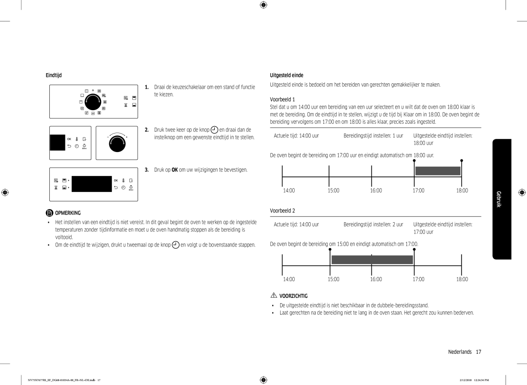 Samsung NV75N7677RS/EF manual Eindtijd, Actuele tijd 1400 uur Bereidingstijd instellen 1 uur, 1800 uur, 1500 1600 1700 1800 