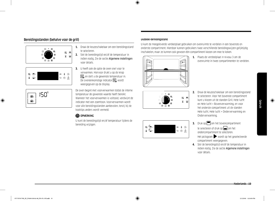 Samsung NV75N7677RS/EF manual Bereidingsstanden behalve voor de grill, Druk op om het bovencompartiment 