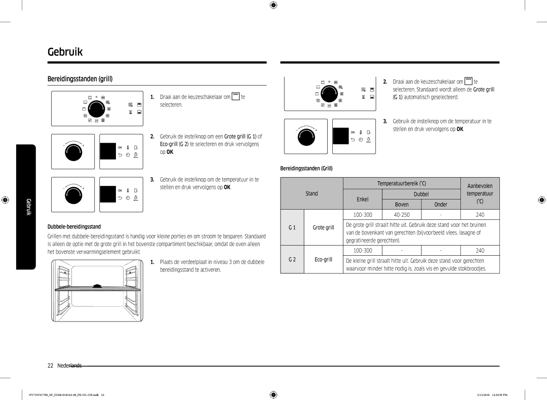 Samsung NV75N7677RS/EF manual Bereidingsstanden grill, Stand Enkel Dubbel Temperatuur, 100-300 40-250 