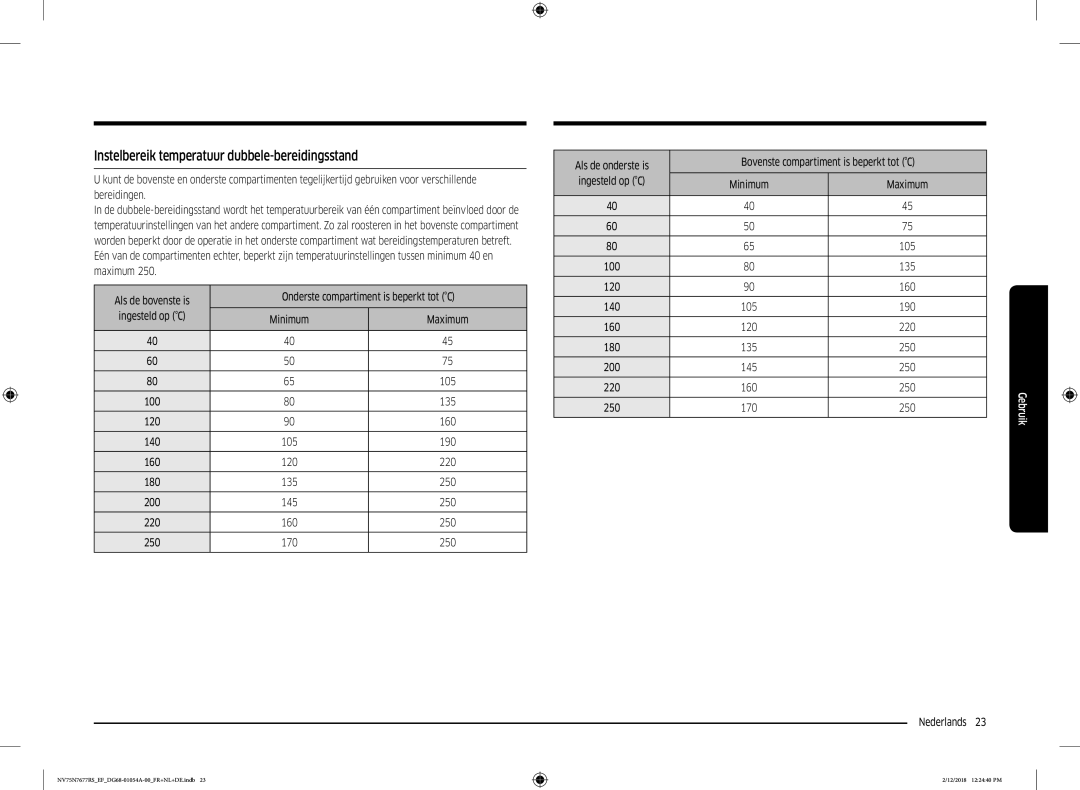 Samsung NV75N7677RS/EF manual Instelbereik temperatuur dubbele-bereidingsstand 