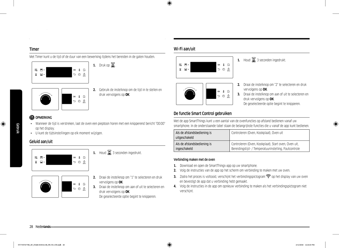 Samsung NV75N7677RS/EF manual Timer, Geluid aan/uit, Wi-Fi aan/uit, De functie Smart Control gebruiken, Ingeschakeld 