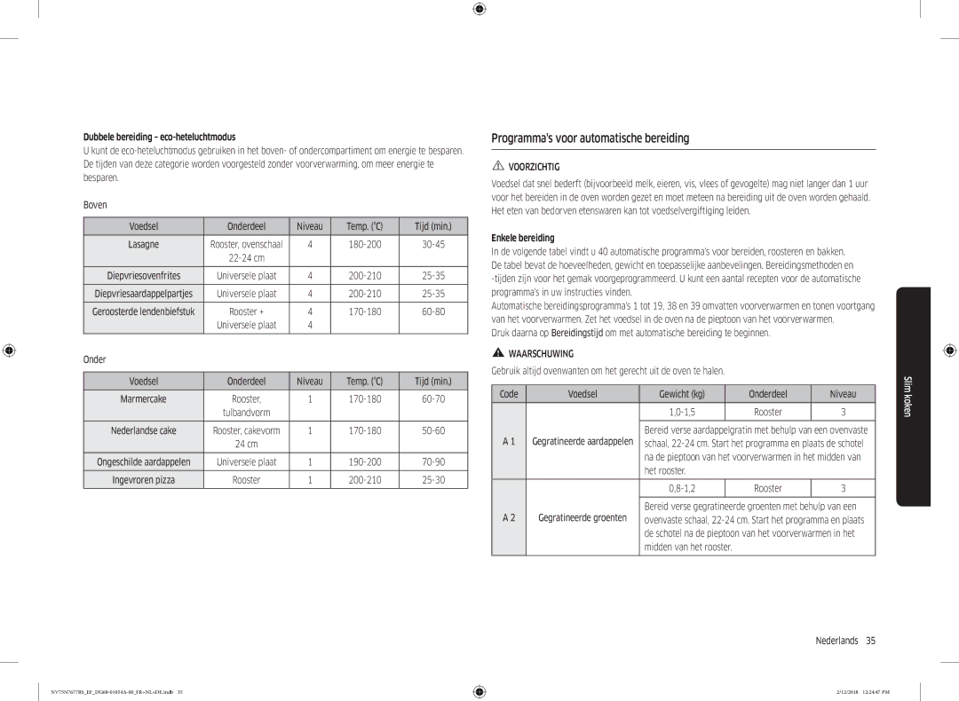 Samsung NV75N7677RS/EF Programmas voor automatische bereiding, Dubbele bereiding eco-heteluchtmodus, Enkele bereiding 