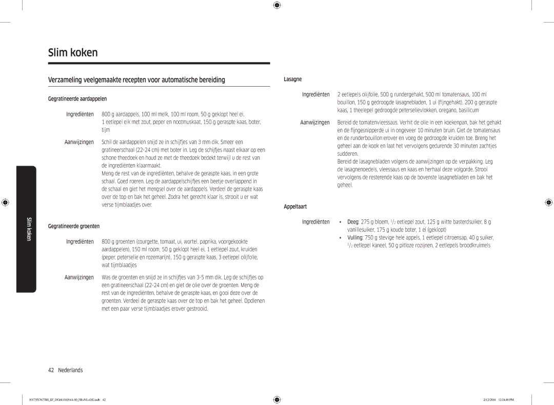 Samsung NV75N7677RS/EF manual Nederlands Lasagne Ingrediënten, Aanwijzingen, Sudderen, Geheel, Appeltaart Ingrediënten 