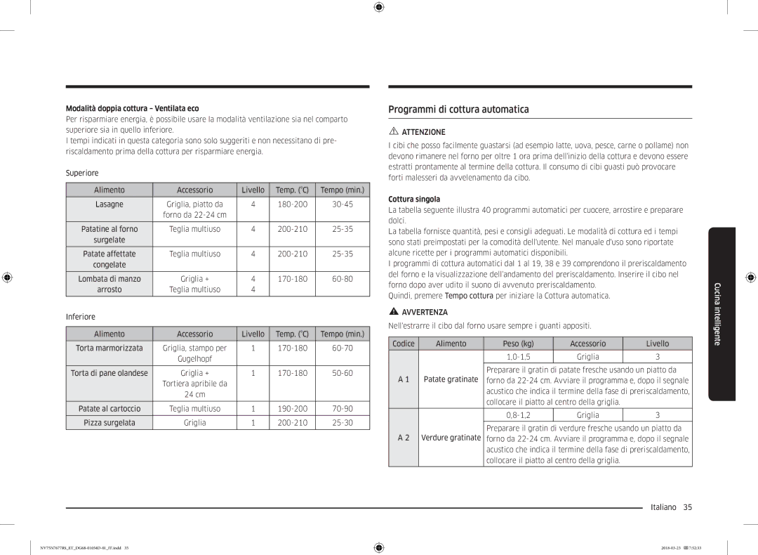 Samsung NV75N7677RS/ET manual Programmi di cottura automatica, Modalità doppia cottura Ventilata eco, Cottura singola 