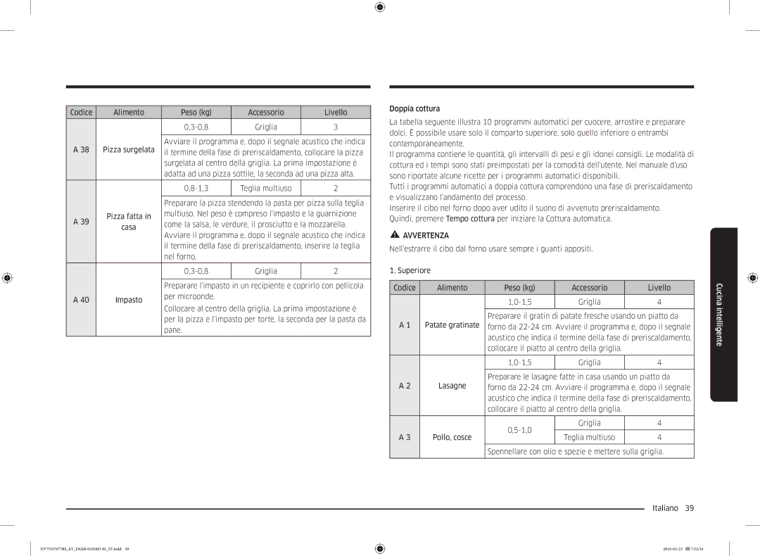 Samsung NV75N7677RS/ET manual Codice Alimento Peso kg Accessorio Livello 0,8 Griglia 