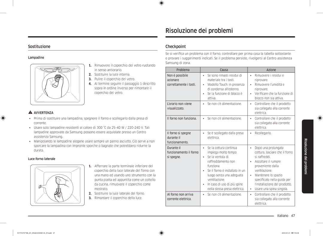 Samsung NV75N7677RS/ET manual Risoluzione dei problemi, Sostituzione, Checkpoint 