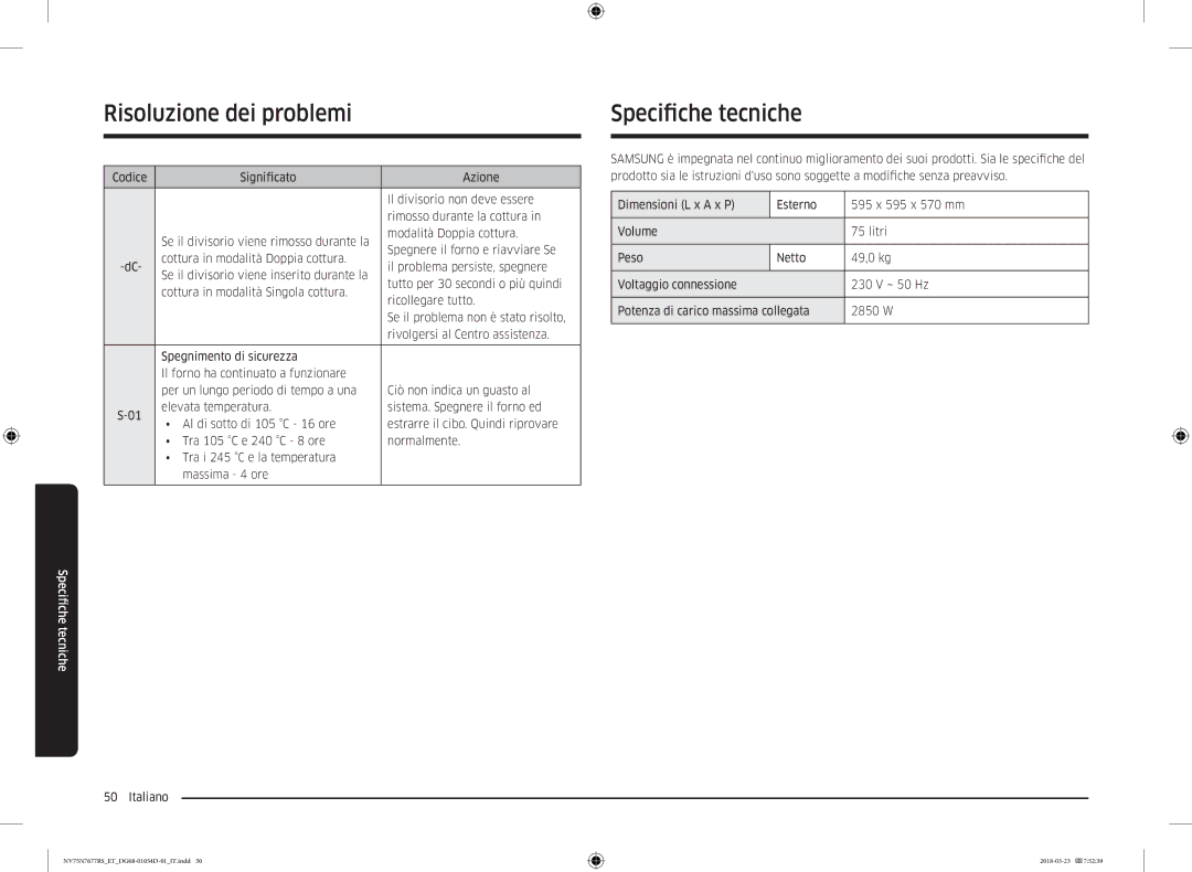 Samsung NV75N7677RS/ET manual Specifiche tecniche 