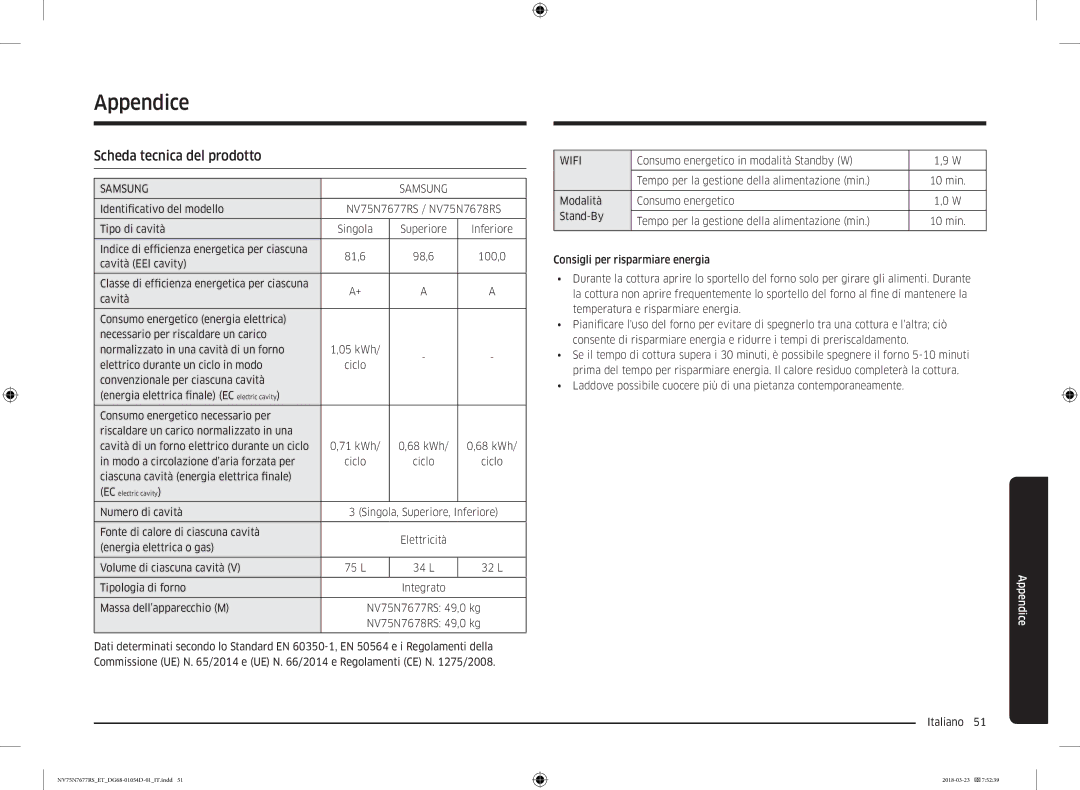 Samsung NV75N7677RS/ET manual Appendice, Scheda tecnica del prodotto 