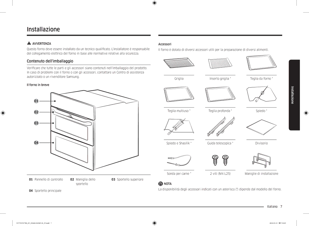 Samsung NV75N7677RS/ET manual Installazione, Contenuto dellimballaggio 