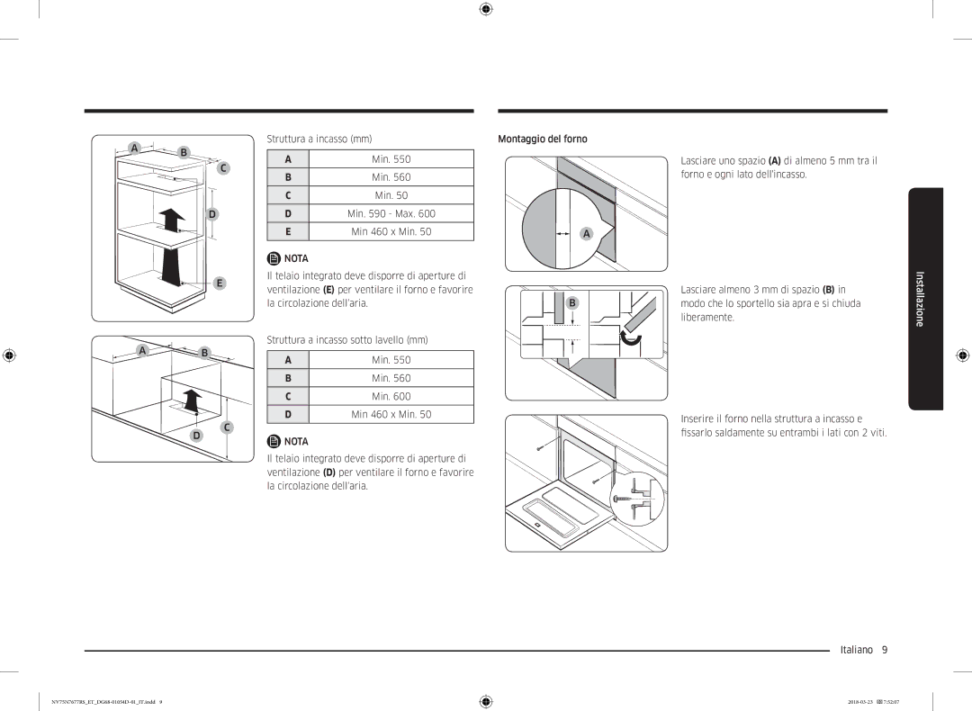 Samsung NV75N7677RS/ET manual Struttura a incasso mm Min Min Max Min 460 x Min 