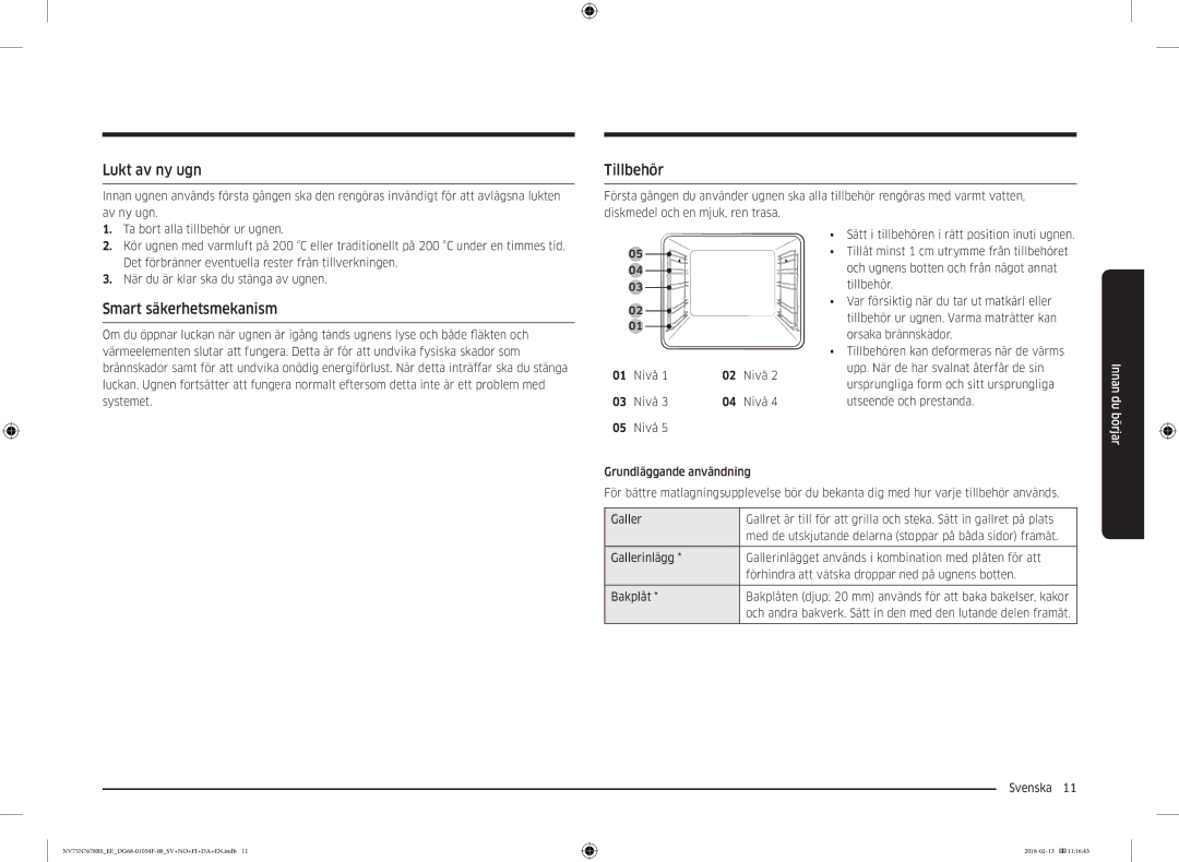 Samsung NV75N7678RS/EE manual Lukt av ny ugn, Tillbehör, Smart säkerhetsmekanism, Nivå 