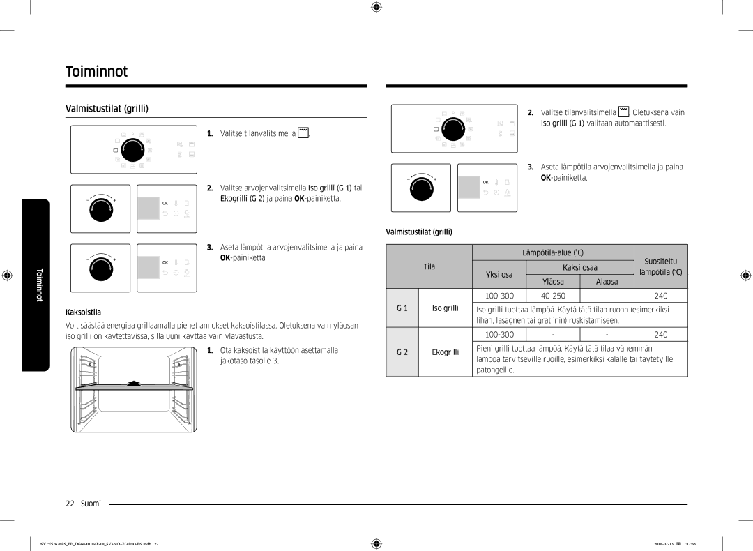 Samsung NV75N7678RS/EE manual Valmistustilat grilli 