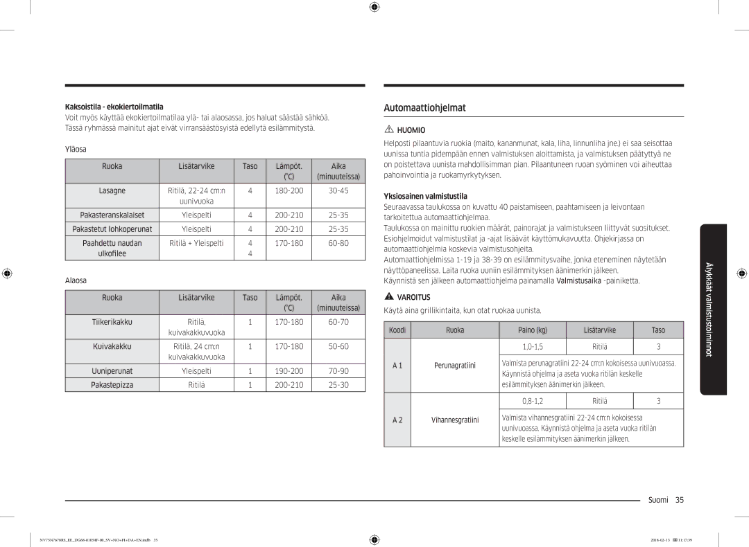 Samsung NV75N7678RS/EE manual Automaattiohjelmat, Kaksoistila ekokiertoilmatila, Yksiosainen valmistustila 