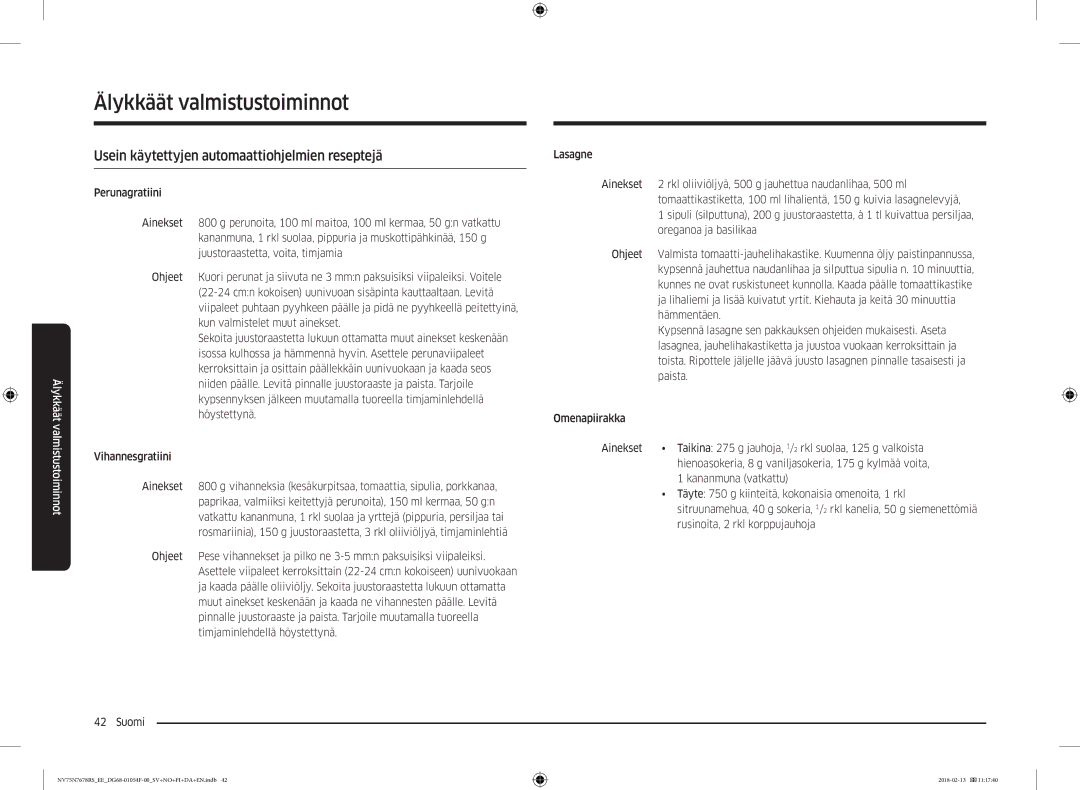 Samsung NV75N7678RS/EE manual Usein käytettyjen automaattiohjelmien reseptejä 