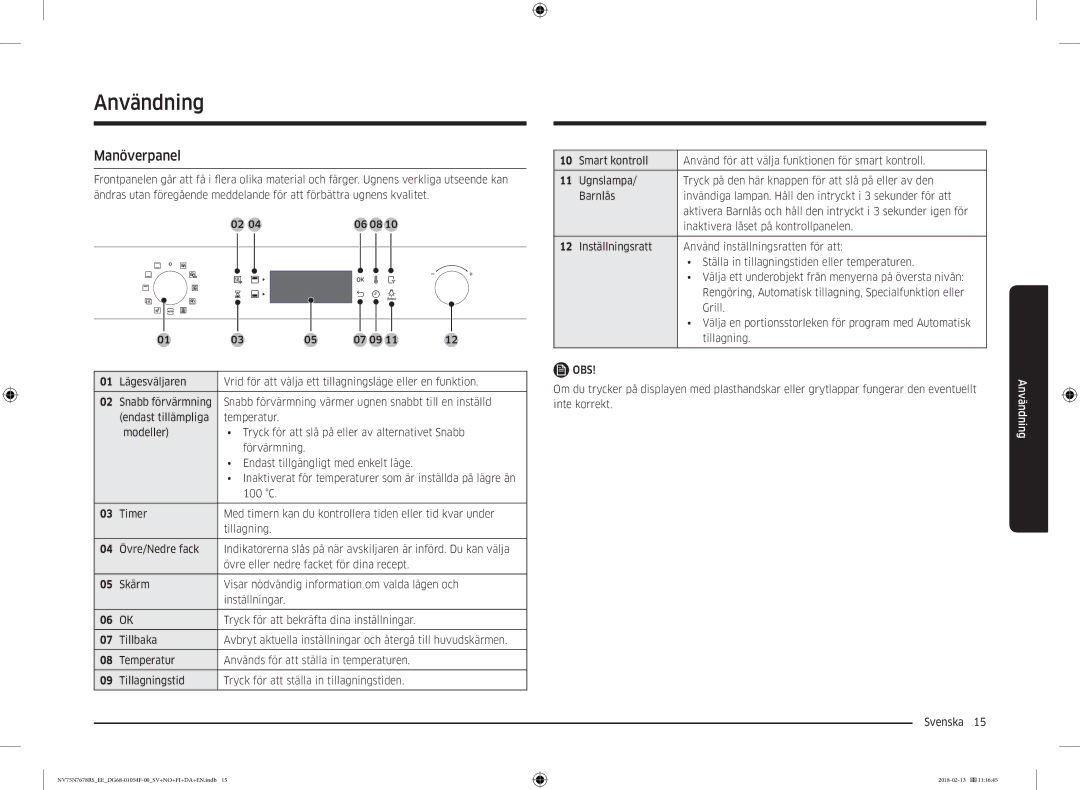 Samsung NV75N7678RS/EE manual Användning, Manöverpanel 