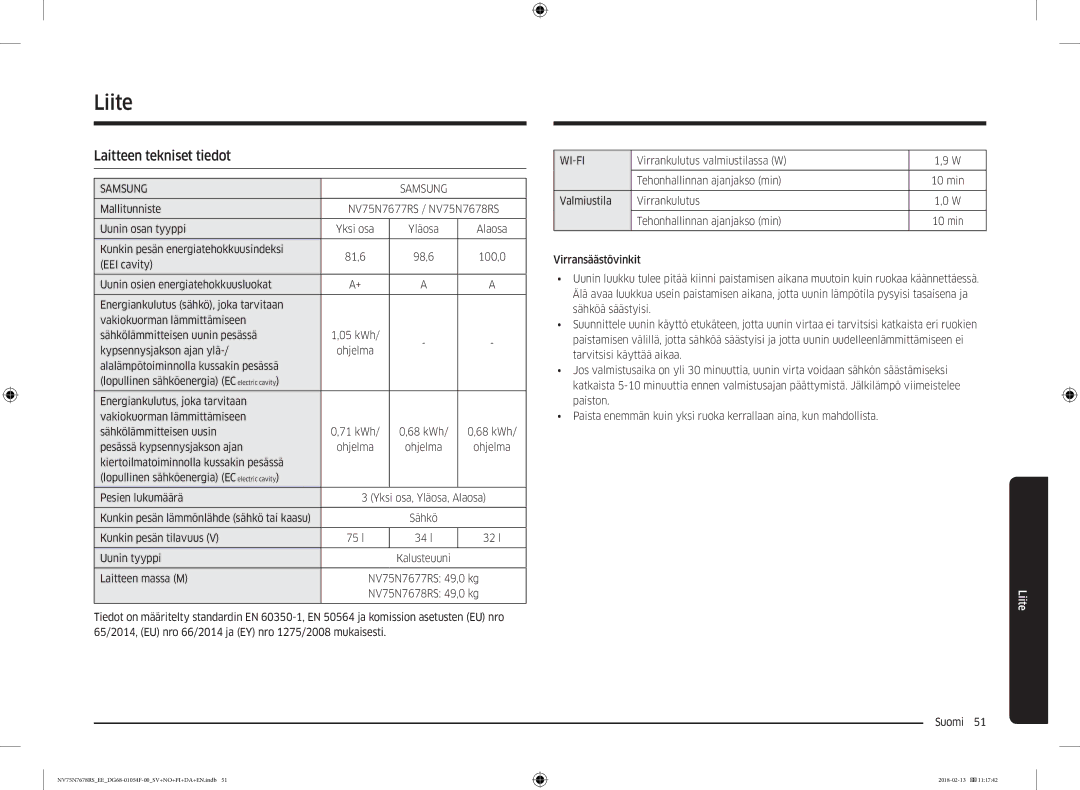 Samsung NV75N7678RS/EE manual Liite, Laitteen tekniset tiedot 