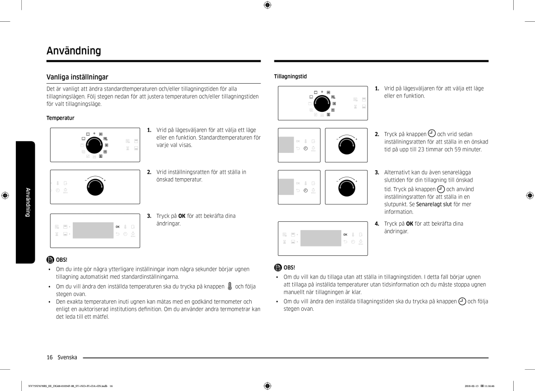 Samsung NV75N7678RS/EE manual Vanliga inställningar 