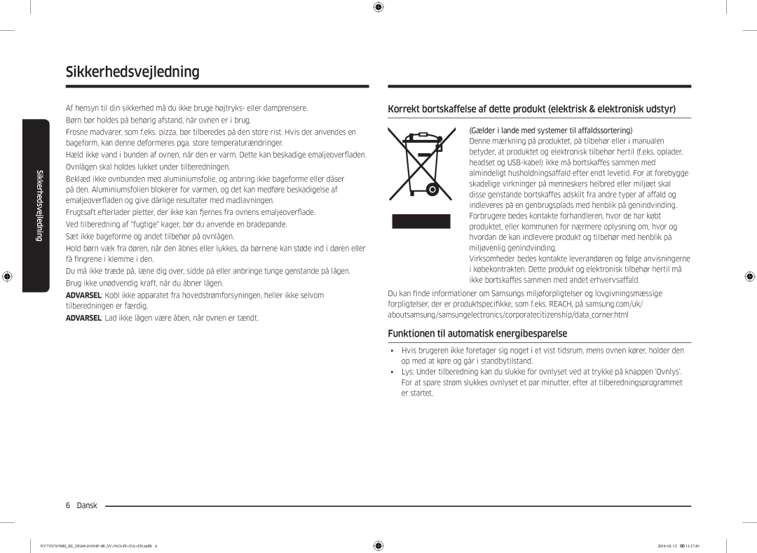 Samsung NV75N7678RS/EE manual Funktionen til automatisk energibesparelse 