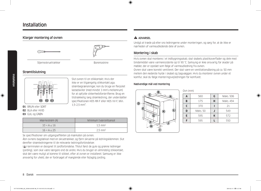 Samsung NV75N7678RS/EE manual Klargør montering af ovnen, Strømtilslutning, Montering i skab 