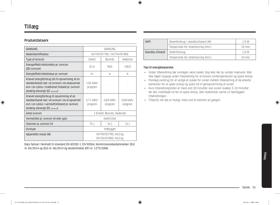 Samsung NV75N7678RS/EE manual Tillæg 