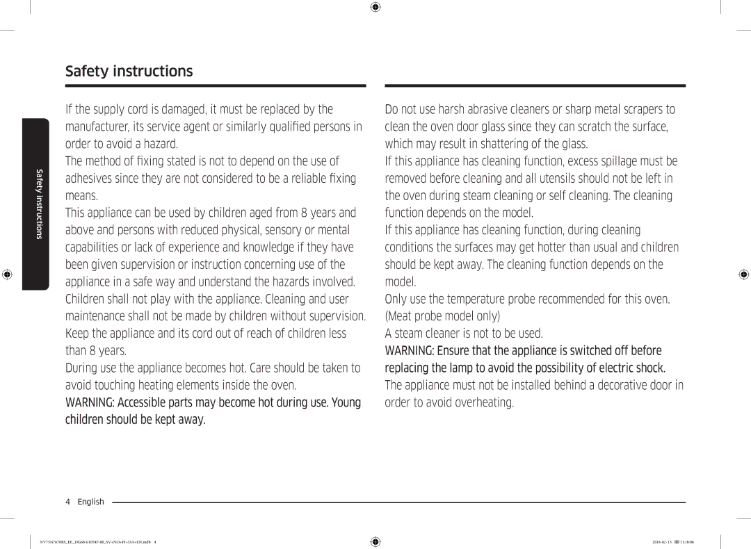 Samsung NV75N7678RS/EE manual Safety instructions 