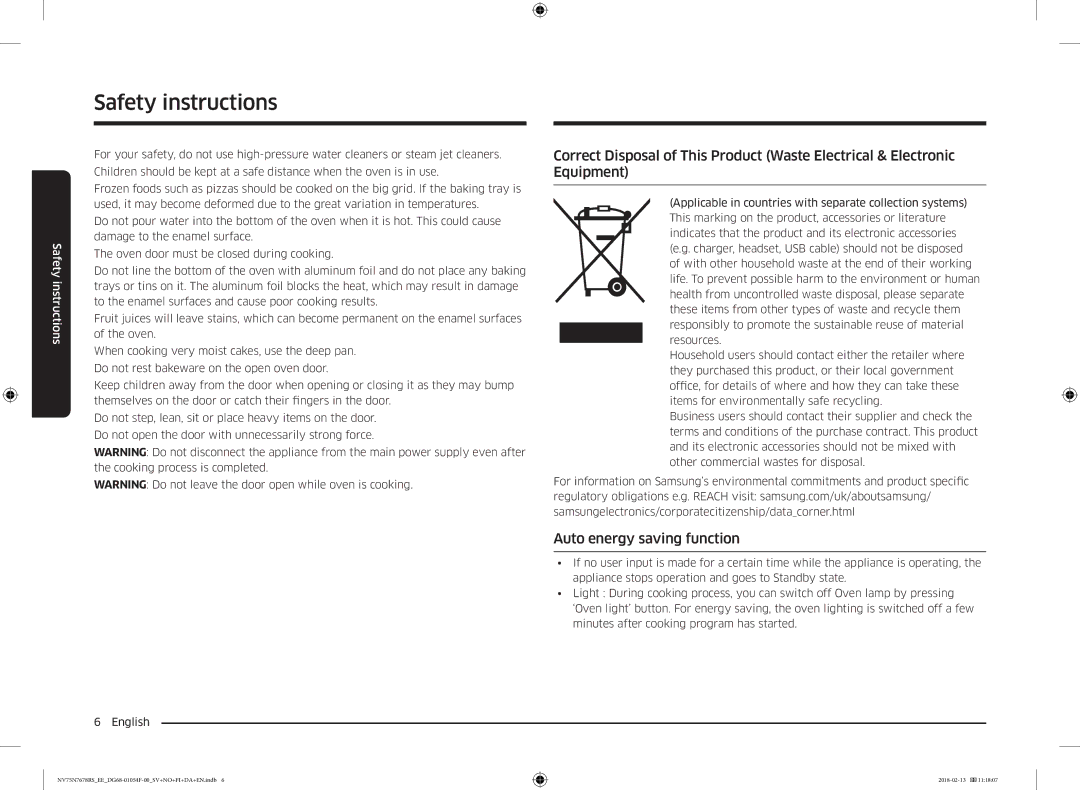 Samsung NV75N7678RS/EE manual Auto energy saving function 