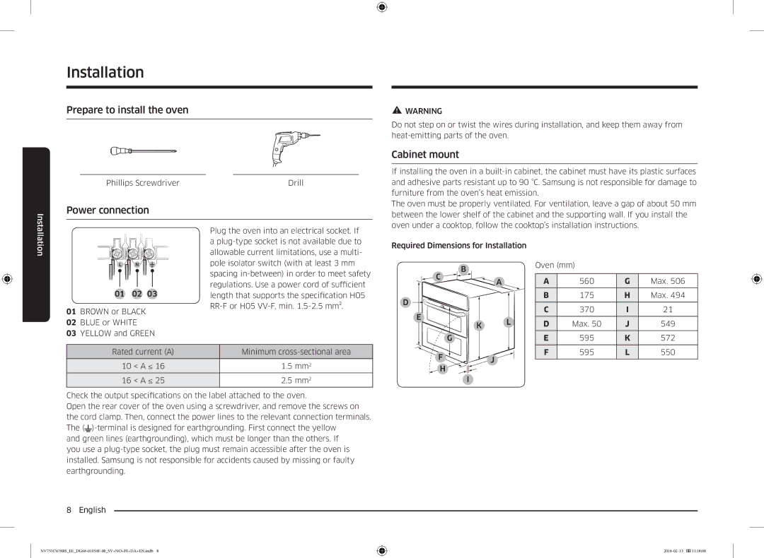 Samsung NV75N7678RS/EE manual Prepare to install the oven, Power connection, Cabinet mount, Phillips Screwdriver Drill 