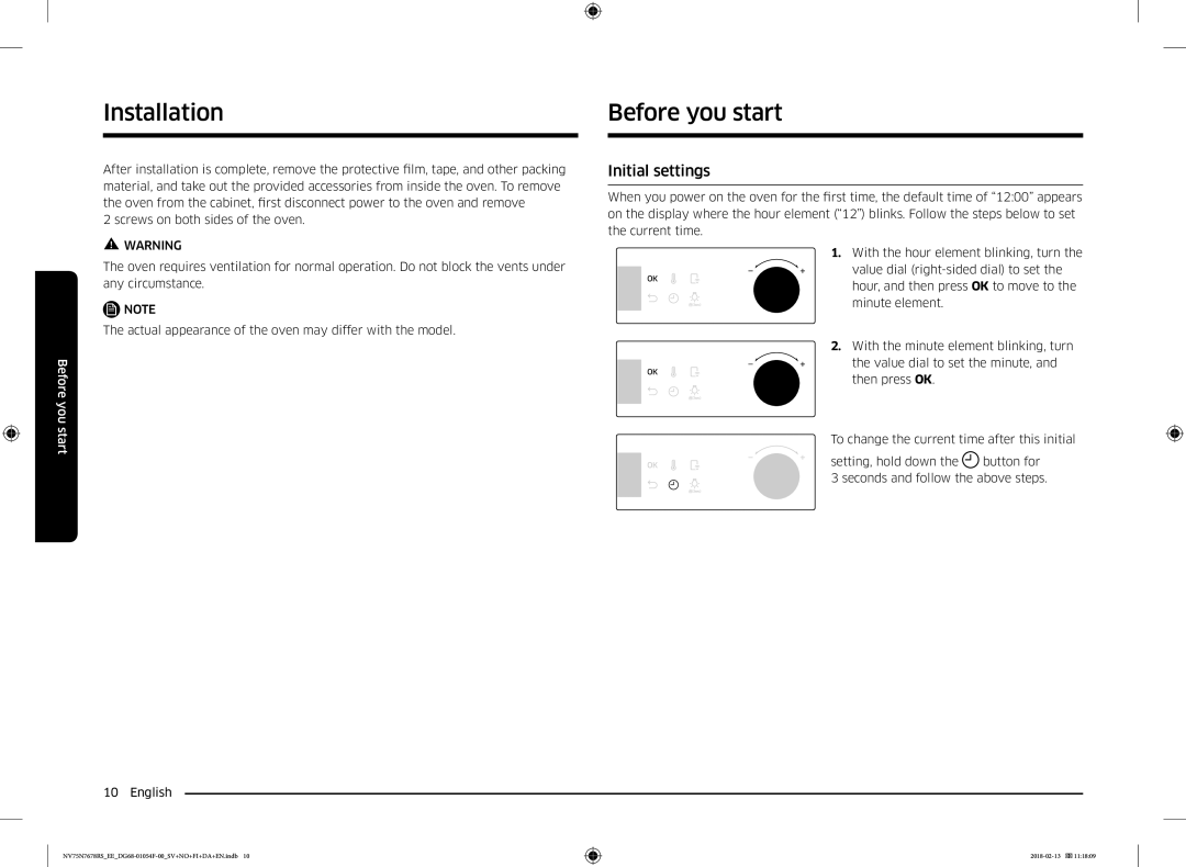 Samsung NV75N7678RS/EE manual Before you start, Initial settings 