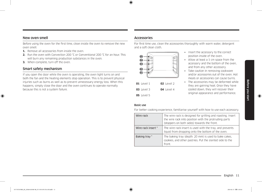 Samsung NV75N7678RS/EE manual New oven smell, Accessories, Smart safety mechanism, Level 