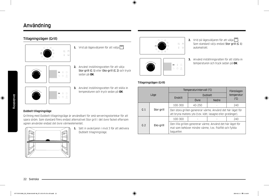 Samsung NV75N7678RS/EE manual Tillagningslägen Grill, Fyllda, Baguetter 