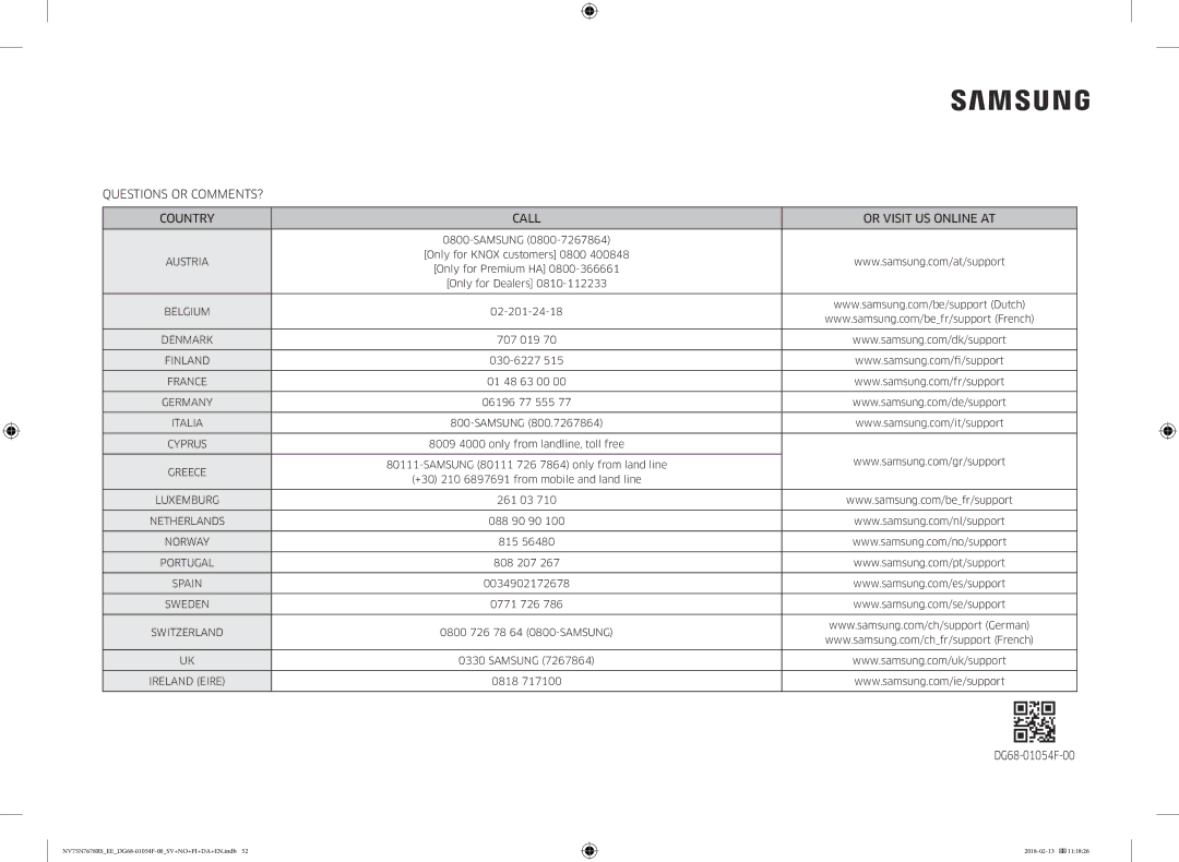 Samsung NV75N7678RS/EE manual Questions or COMMENTS? Country Call Or Visit US Online AT 