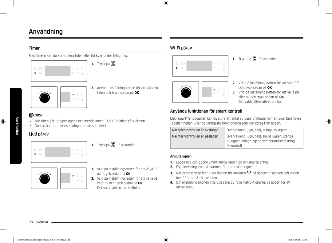 Samsung NV75N7678RS/EE manual Timer, Ljud på/av, Wi-Fi på/av, Använda funktionen för smart kontroll 