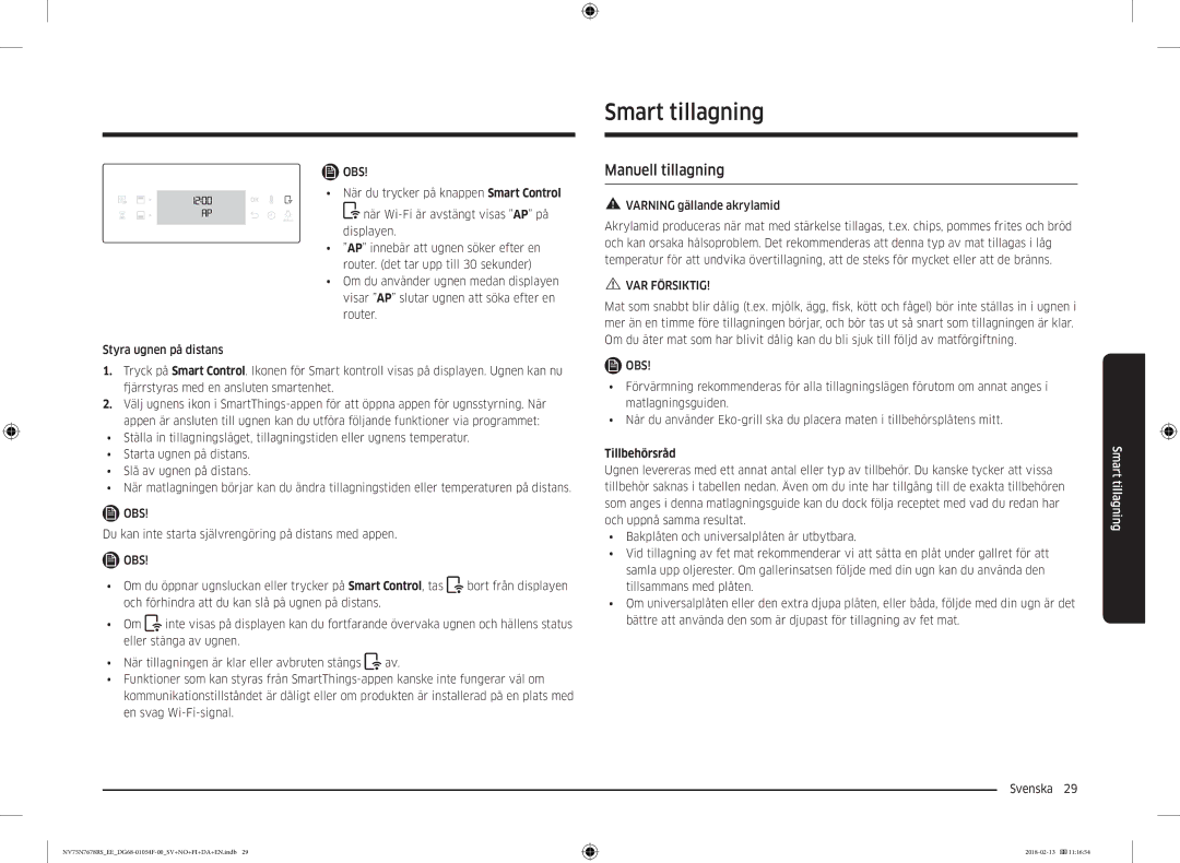 Samsung NV75N7678RS/EE manual Smart tillagning, Manuell tillagning, Du kan inte starta självrengöring på distans med appen 