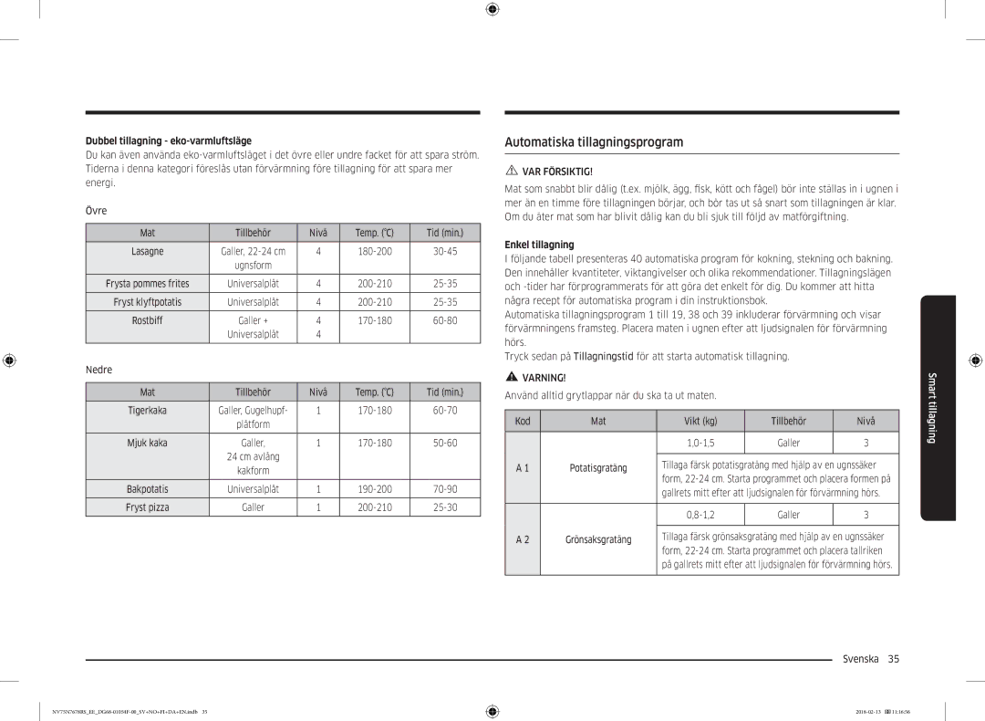 Samsung NV75N7678RS/EE manual Automatiska tillagningsprogram, Dubbel tillagning eko-varmluftsläge, Enkel tillagning, 1,2 