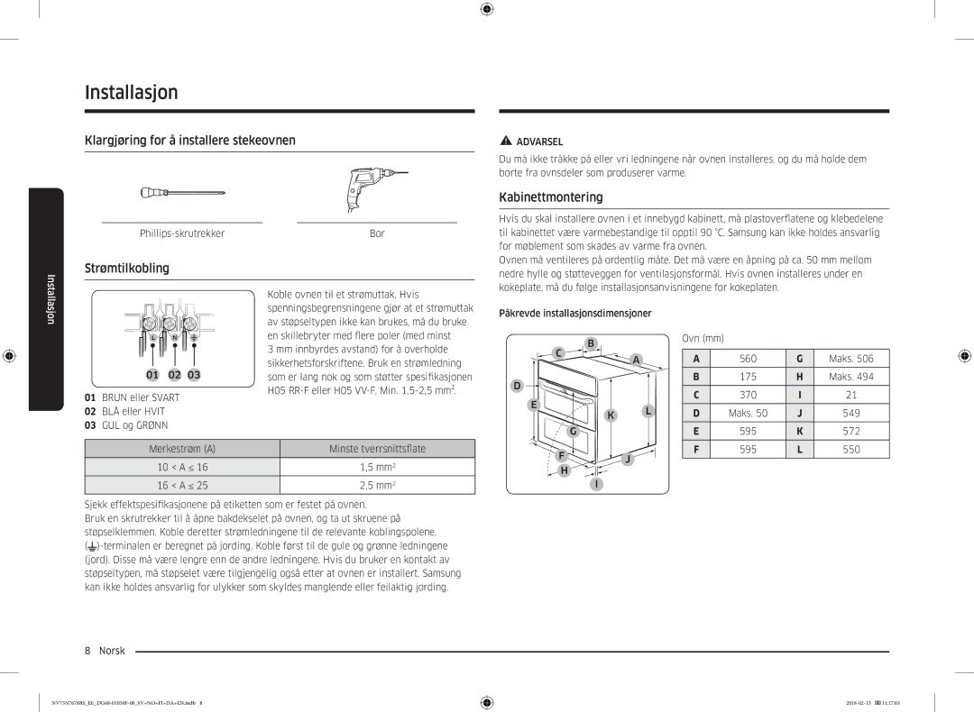 Samsung NV75N7678RS/EE manual Klargjøring for å installere stekeovnen, Strømtilkobling, Kabinettmontering 