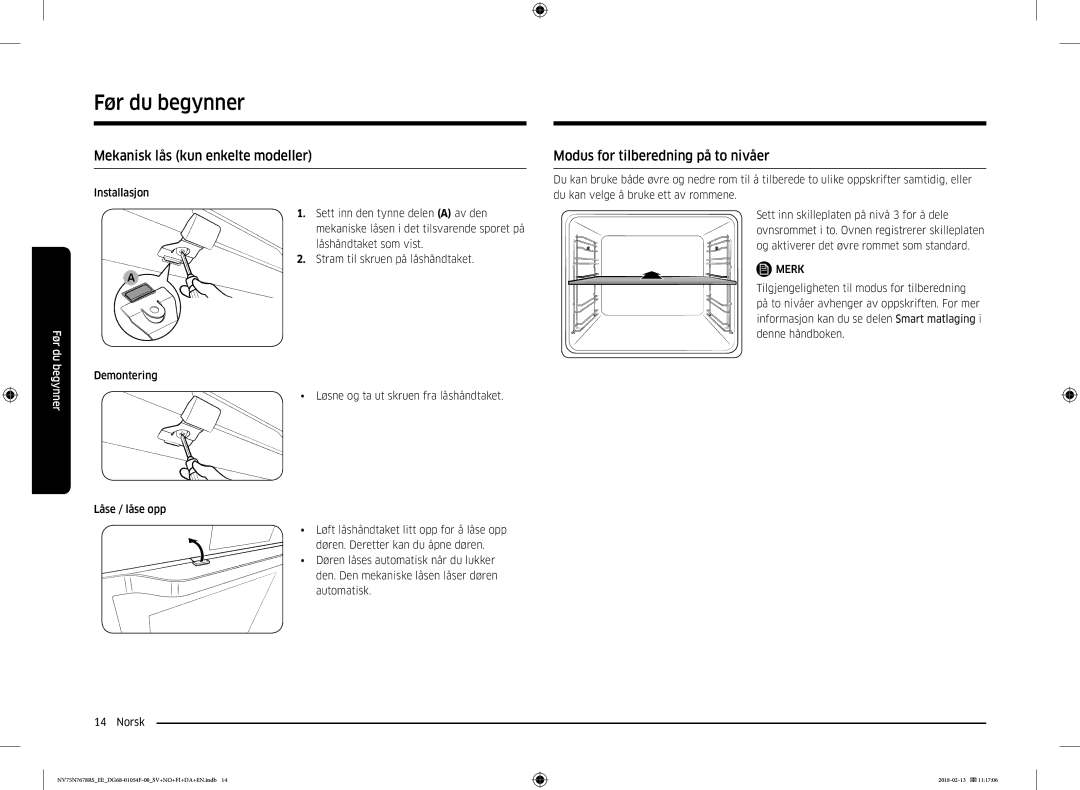 Samsung NV75N7678RS/EE manual Mekanisk lås kun enkelte modeller, Modus for tilberedning på to nivåer 