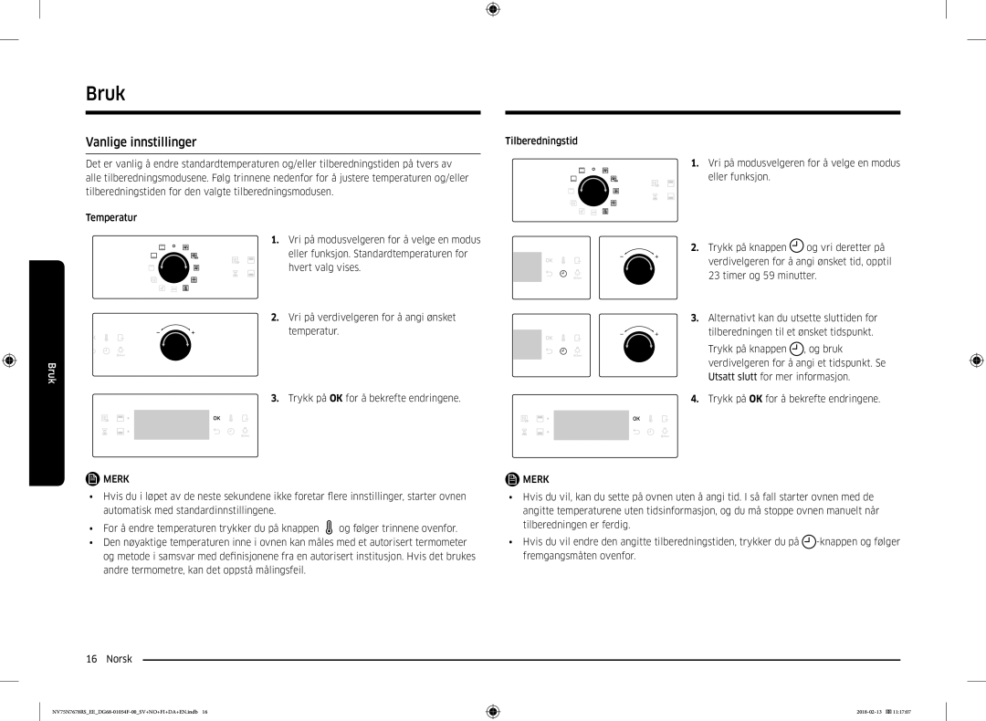 Samsung NV75N7678RS/EE manual Vanlige innstillinger 