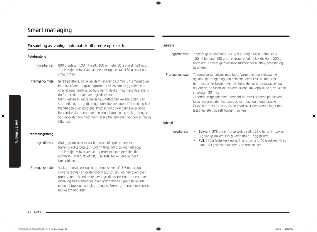 Samsung NV75N7678RS/EE manual En samling av vanlige automatisk tilberedte oppskrifter 