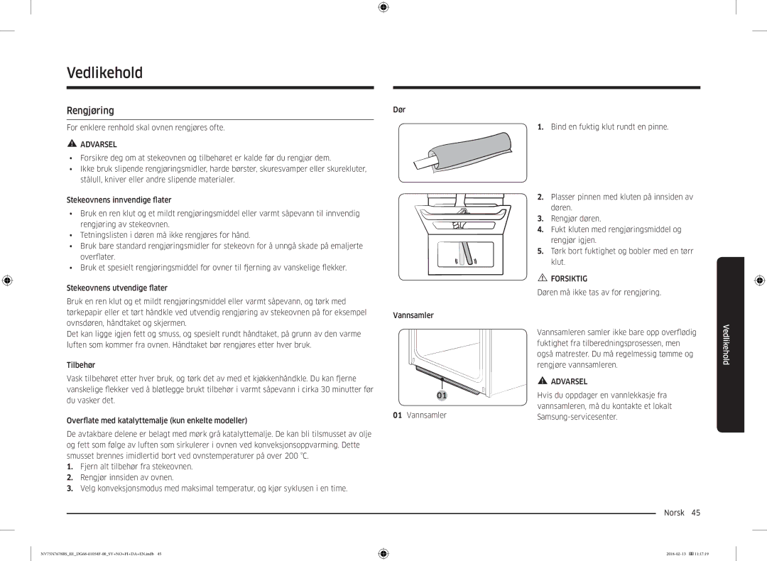 Samsung NV75N7678RS/EE manual Vedlikehold, Rengjøring 