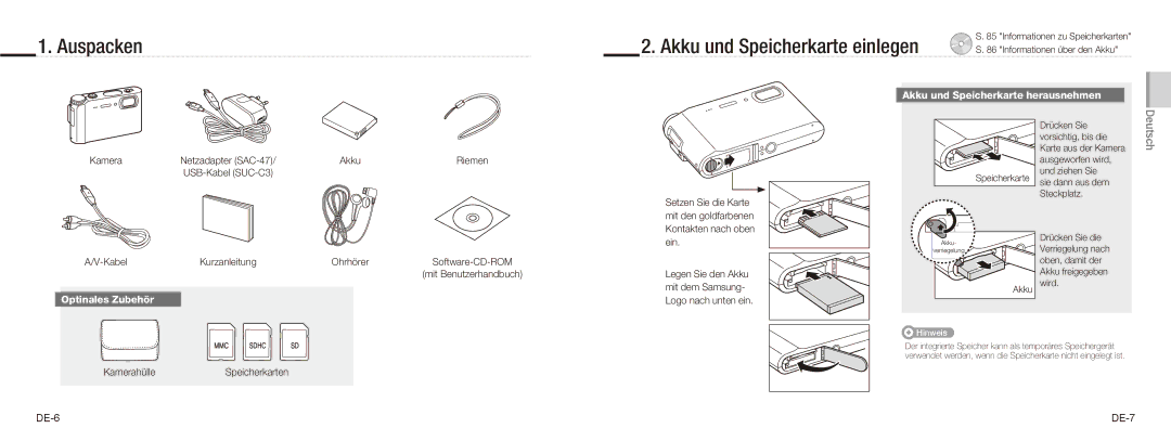 Samsung NV9 Auspacken Akku und Speicherkarte einlegen, Akku und Speicherkarte herausnehmen, Optinales Zubehör 