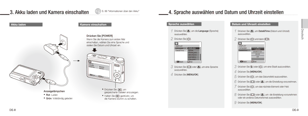 Samsung NV9 quick start manual Akku laden und Kamera einschalten, Sprache auswählen und Datum und Uhrzeit einstellen 