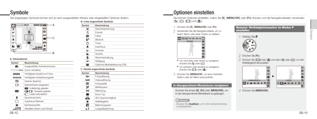 Samsung NV9 quick start manual Symbole, Optionen einstellen, Beispiel Weißabgleichsoption im Modus P Einstellen 