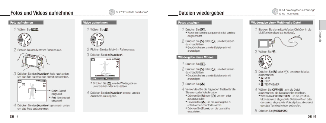 Samsung NV9 quick start manual Fotos und Videos aufnehmen, Dateien wiedergeben 