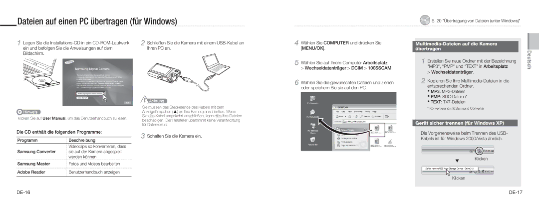 Samsung NV9 quick start manual Dateien auf einen PC übertragen für Windows, Multimedia-Dateien auf die Kamera Übertragen 