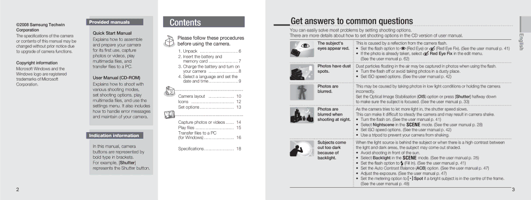 Samsung NV9 quick start manual Contents 